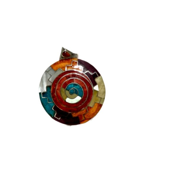 Peruvian 950 Sterling Silver Mosaic Pendant 2” | Turquoise Mother of Pearl Inlay - Picture 7 of 13